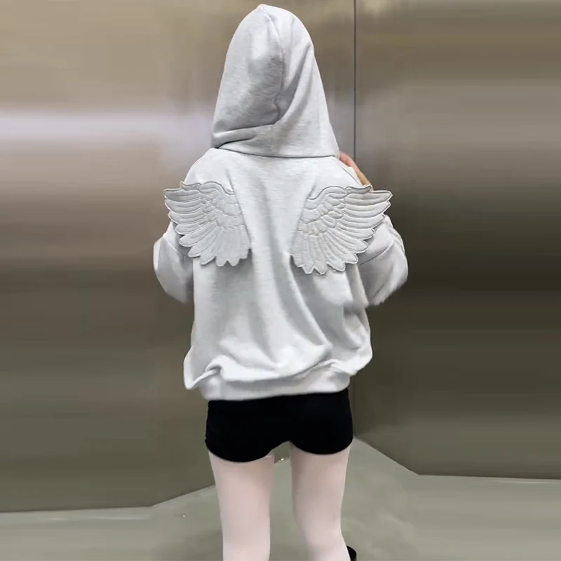 Angel Wing Embroidered Hoodie Pullover Women Sweatshirt Wing Decoration Tops Back Spring Y2k Street Harajuku Loose Pullover