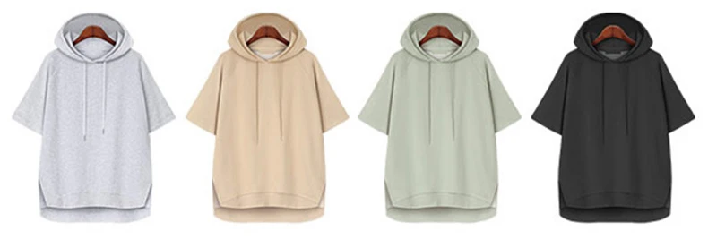 Summer Thin Short Raglan Sleeve Hooded Hoodies Korean Style Split Solid Color Pullovers Drawstring Casual All-Matched Sweatshirt