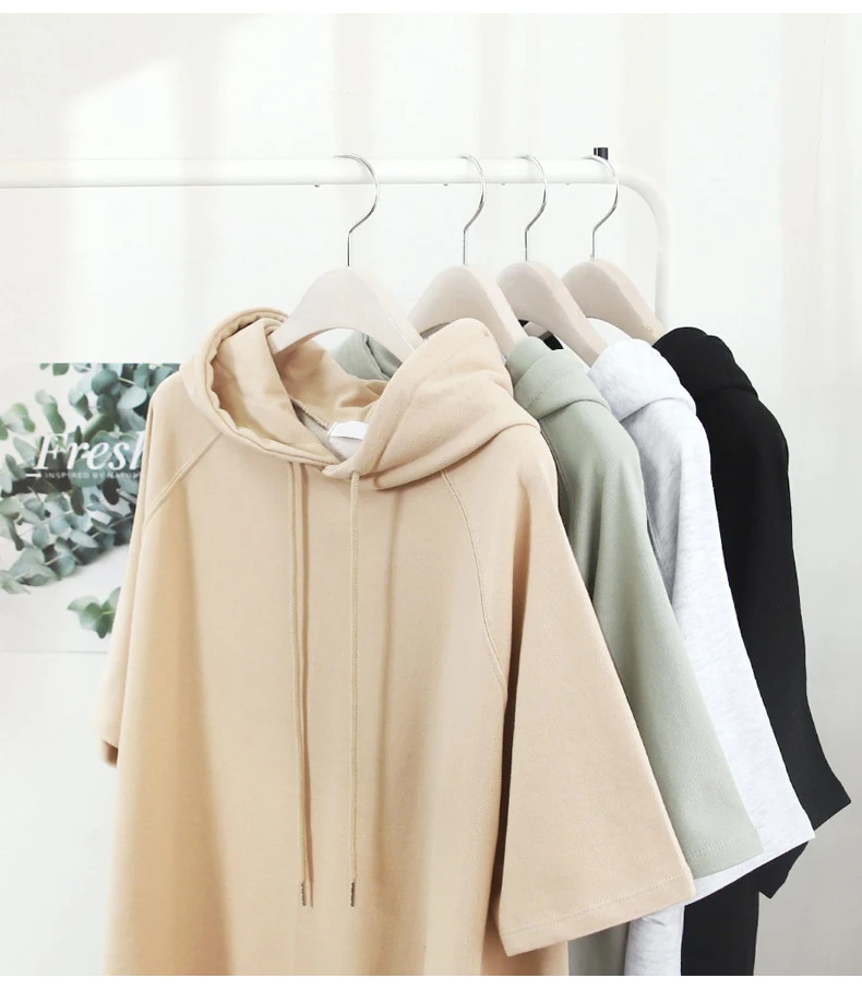 Summer Thin Short Raglan Sleeve Hooded Hoodies Korean Style Split Solid Color Pullovers Drawstring Casual All-Matched Sweatshirt