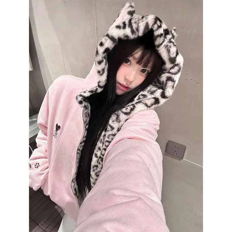 Y2k Aesthetic Leopard Patchwork Hoodies Women Casual Loose Harajuku Zipper Sweatshirt Preppy Style Vintage Gothic Grunge Jackets