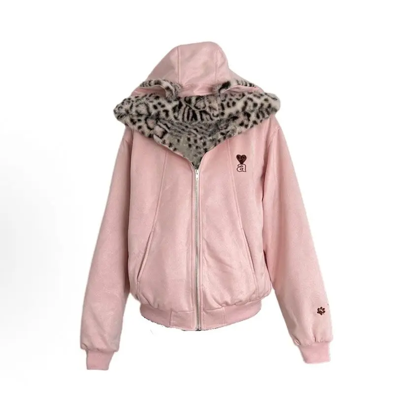 Y2k Aesthetic Leopard Patchwork Hoodies Women Casual Loose Harajuku Zipper Sweatshirt Preppy Style Vintage Gothic Grunge Jackets