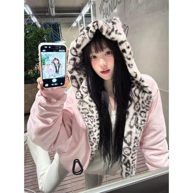 Y2k Aesthetic Leopard Patchwork Hoodies Women Casual Loose Harajuku Zipper Sweatshirt Preppy Style Vintage Gothic Grunge Jackets