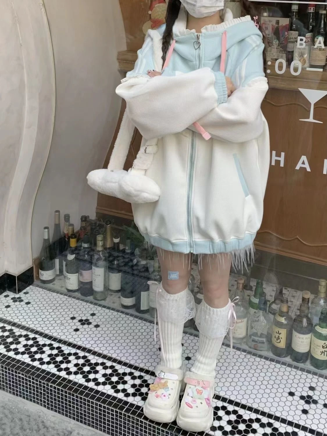 Japanese Casual Sweet Zipper Kawaii Hoodies Loose Contrast Color Women Grunge Coat Y2k Aesthetic Ruffled Fairy Pocket Sweatshirt
