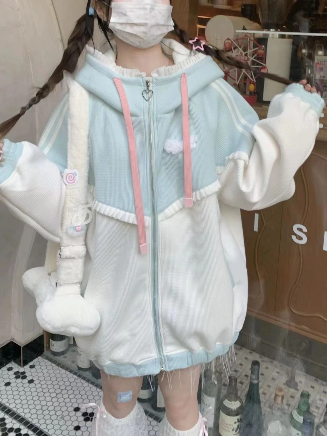 Japanese Casual Sweet Zipper Kawaii Hoodies Loose Contrast Color Women Grunge Coat Y2k Aesthetic Ruffled Fairy Pocket Sweatshirt