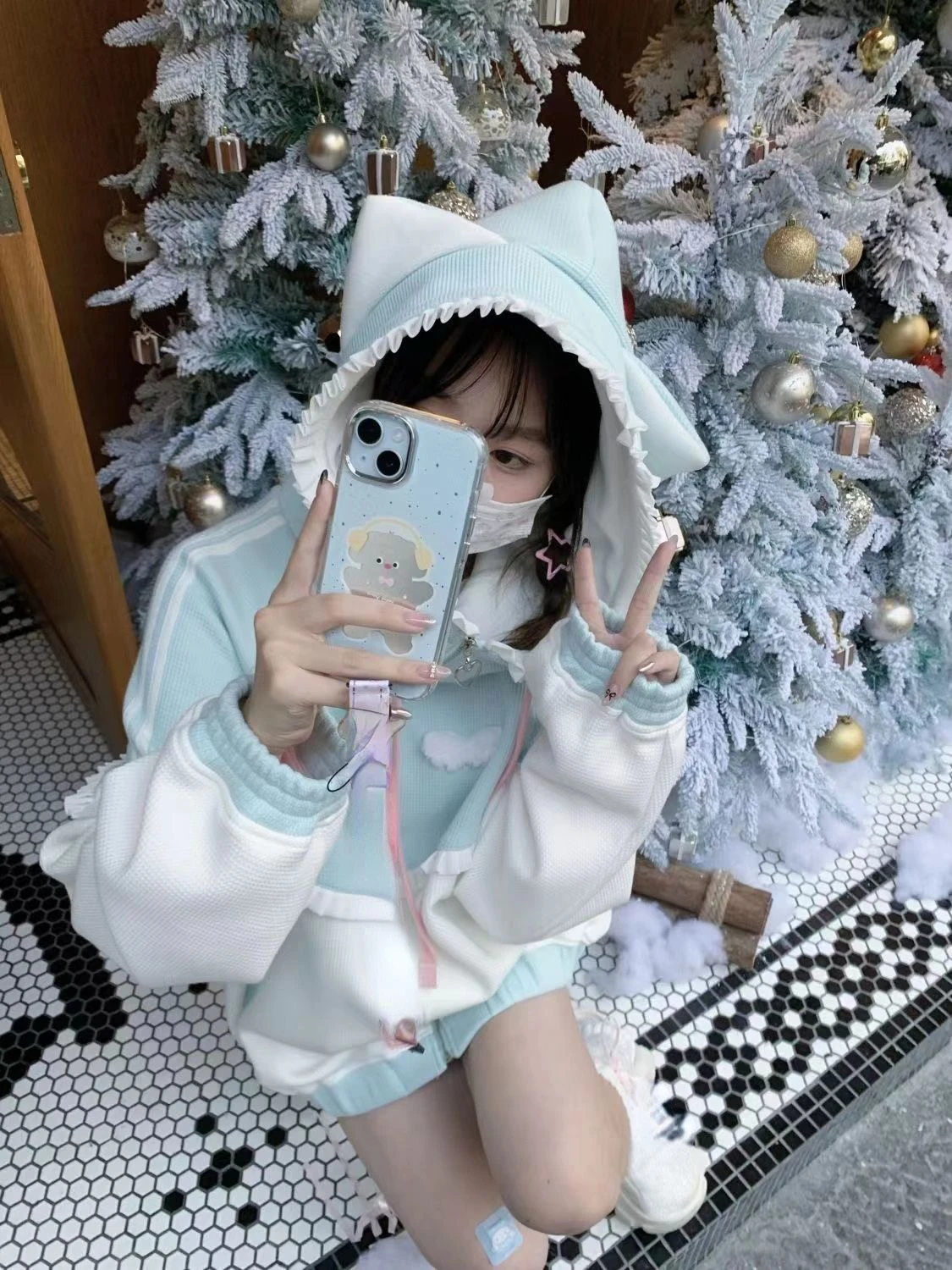 Japanese Casual Sweet Zipper Kawaii Hoodies Loose Contrast Color Women Grunge Coat Y2k Aesthetic Ruffled Fairy Pocket Sweatshirt