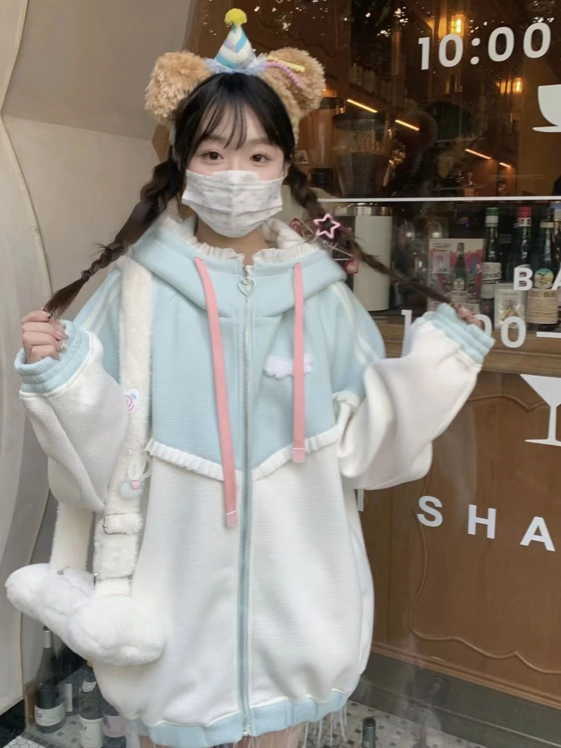 Japanese Casual Sweet Zipper Kawaii Hoodies Loose Contrast Color Women Grunge Coat Y2k Aesthetic Ruffled Fairy Pocket Sweatshirt