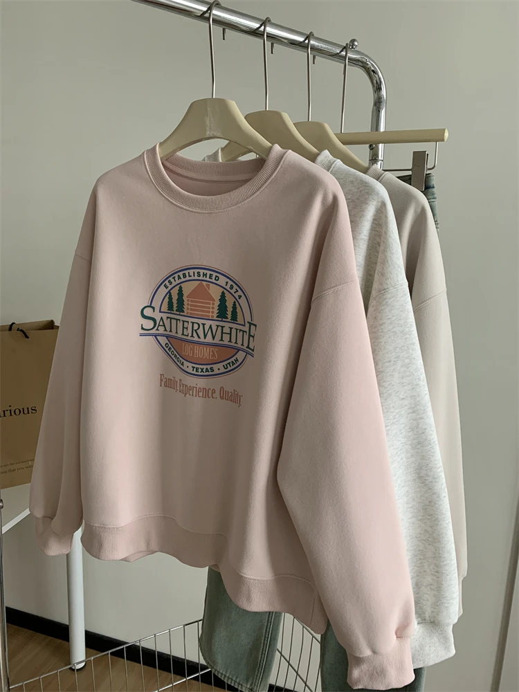 Loose Graphic Sweatshirt Korean Hoodie Women Spring 2024 Printed Round Neck Pullover