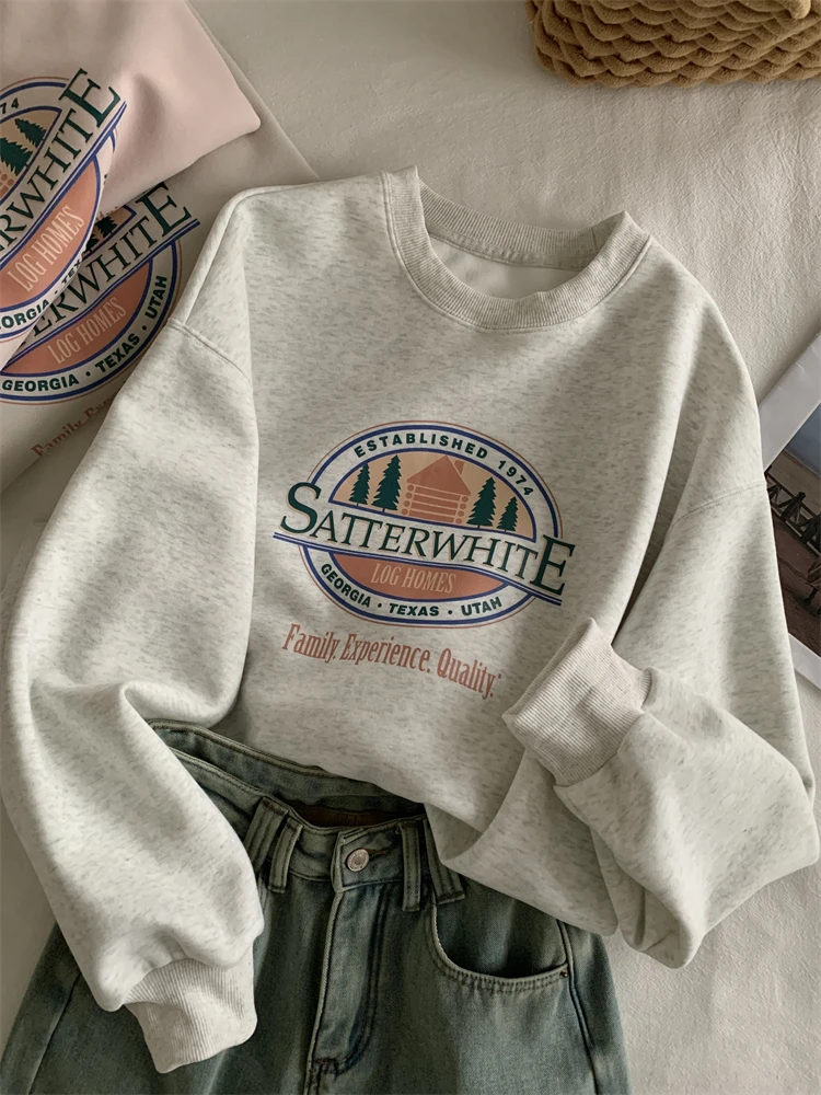 Loose Graphic Sweatshirt Korean Hoodie Women Spring 2024 Printed Round Neck Pullover