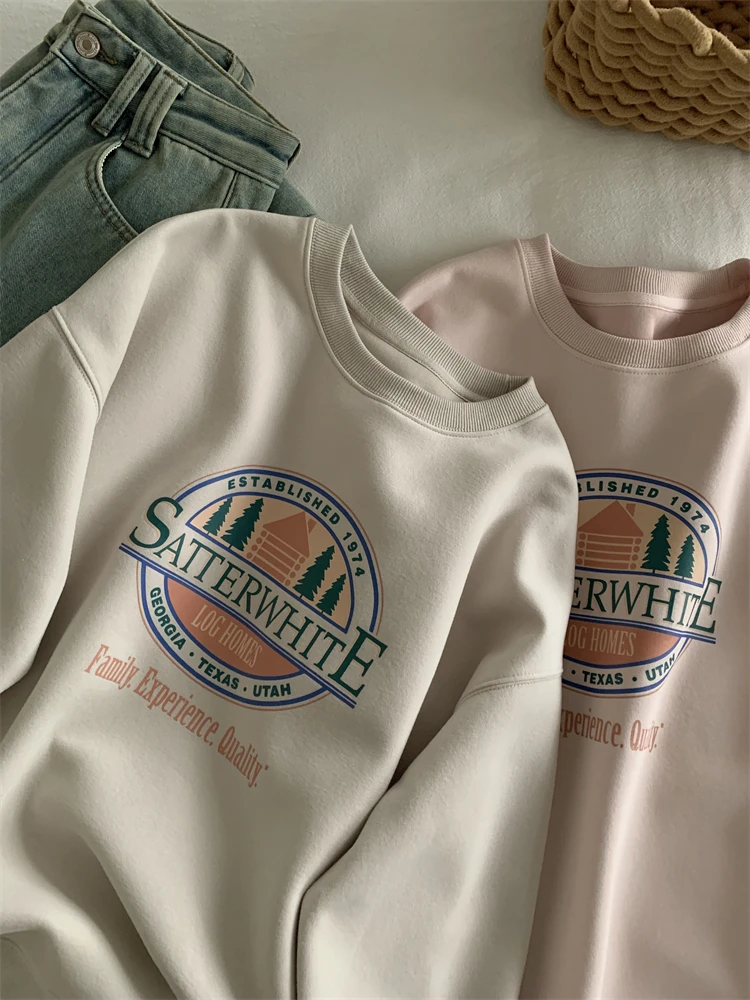 Loose Graphic Sweatshirt Korean Hoodie Women Spring 2024 Printed Round Neck Pullover