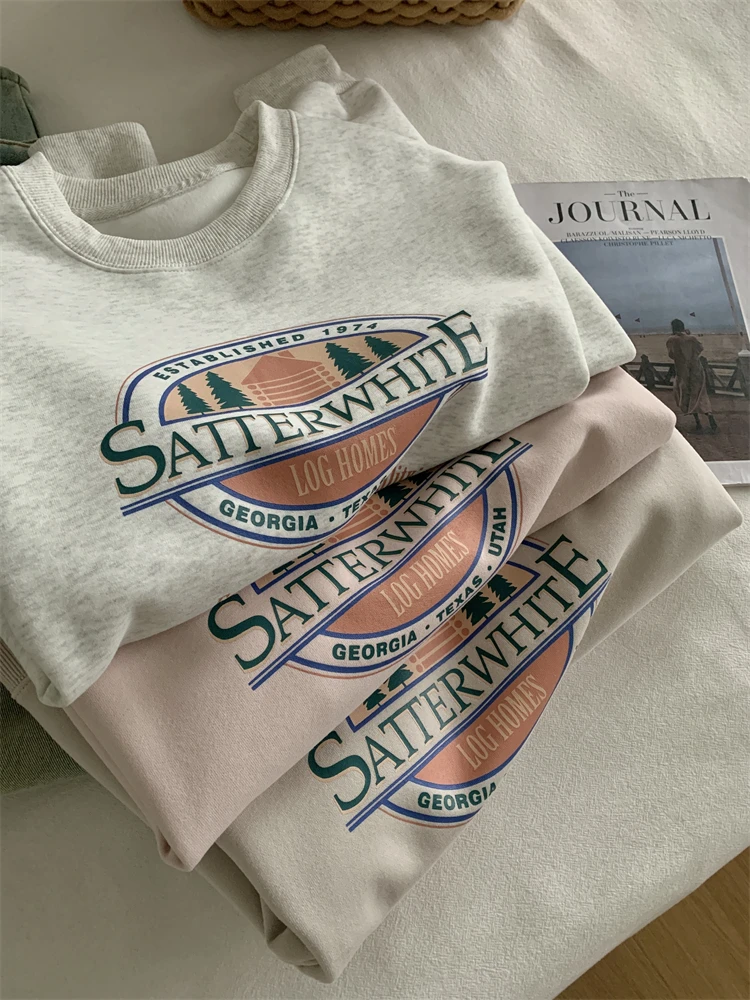 Loose Graphic Sweatshirt Korean Hoodie Women Spring 2024 Printed Round Neck Pullover