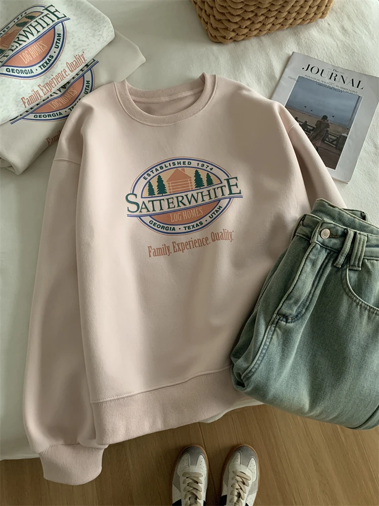 Loose Graphic Sweatshirt Korean Hoodie Women Spring 2024 Printed Round Neck Pullover