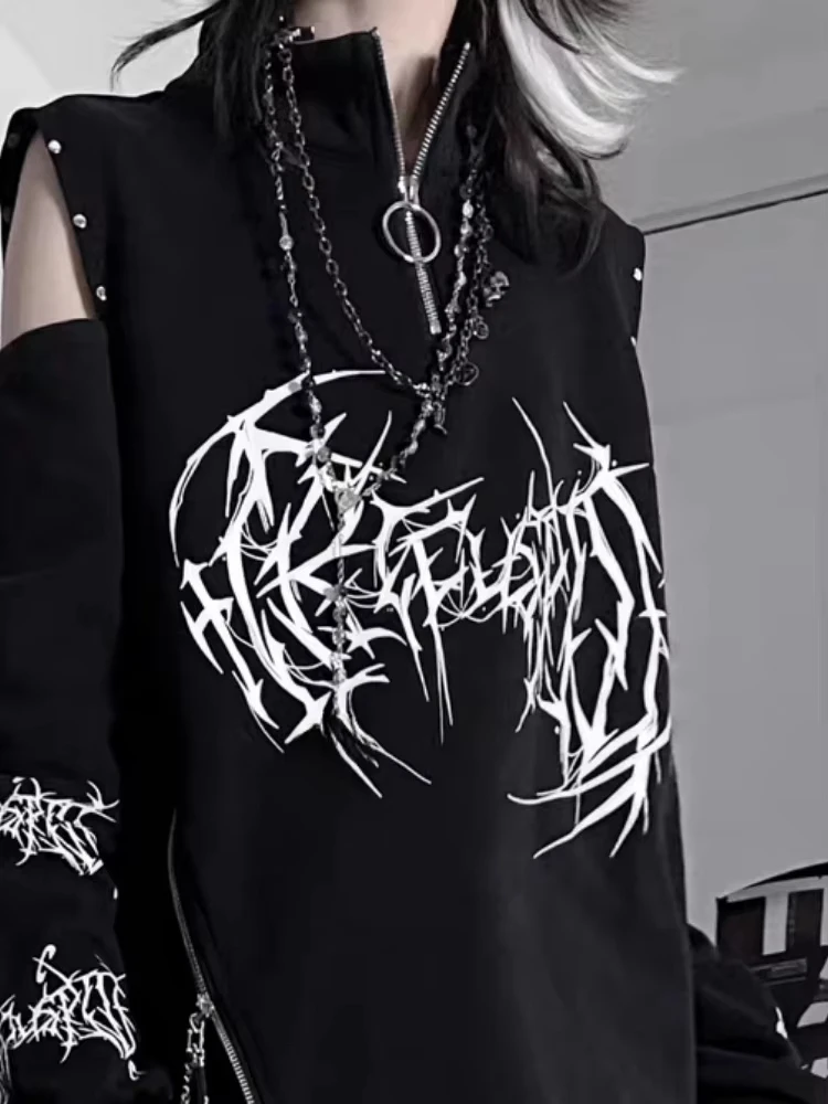 HOUZHOU Y2k Black Goth Graphic Women Sweatshirts Punk Harajuku Off Shoulder Japanese Style Pullovers Grunge Aesthetic Oversized