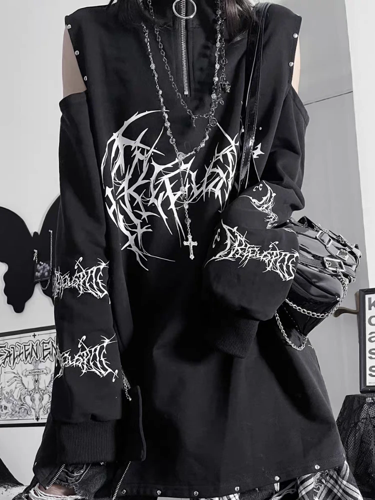 HOUZHOU Y2k Black Goth Graphic Women Sweatshirts Punk Harajuku Off Shoulder Japanese Style Pullovers Grunge Aesthetic Oversized