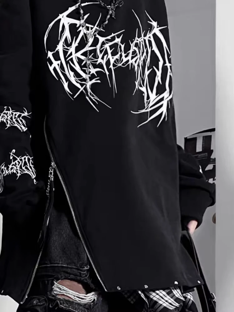 HOUZHOU Y2k Black Goth Graphic Women Sweatshirts Punk Harajuku Off Shoulder Japanese Style Pullovers Grunge Aesthetic Oversized