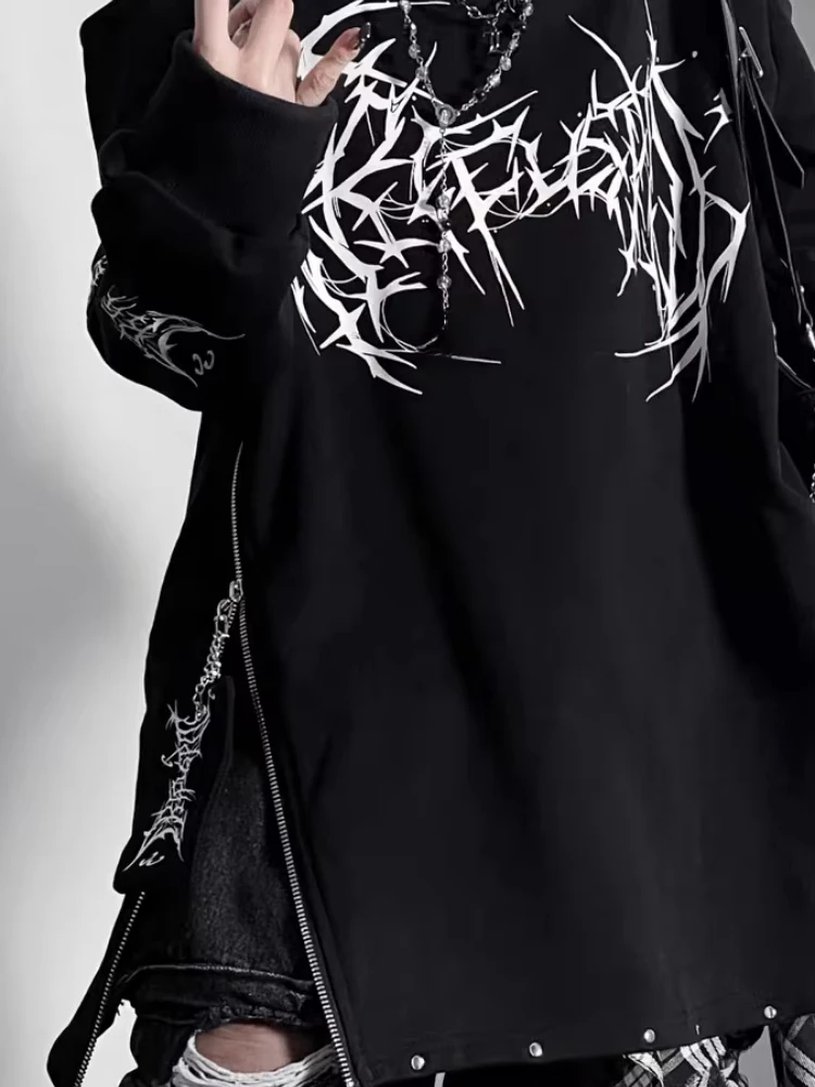 HOUZHOU Y2k Black Goth Graphic Women Sweatshirts Punk Harajuku Off Shoulder Japanese Style Pullovers Grunge Aesthetic Oversized