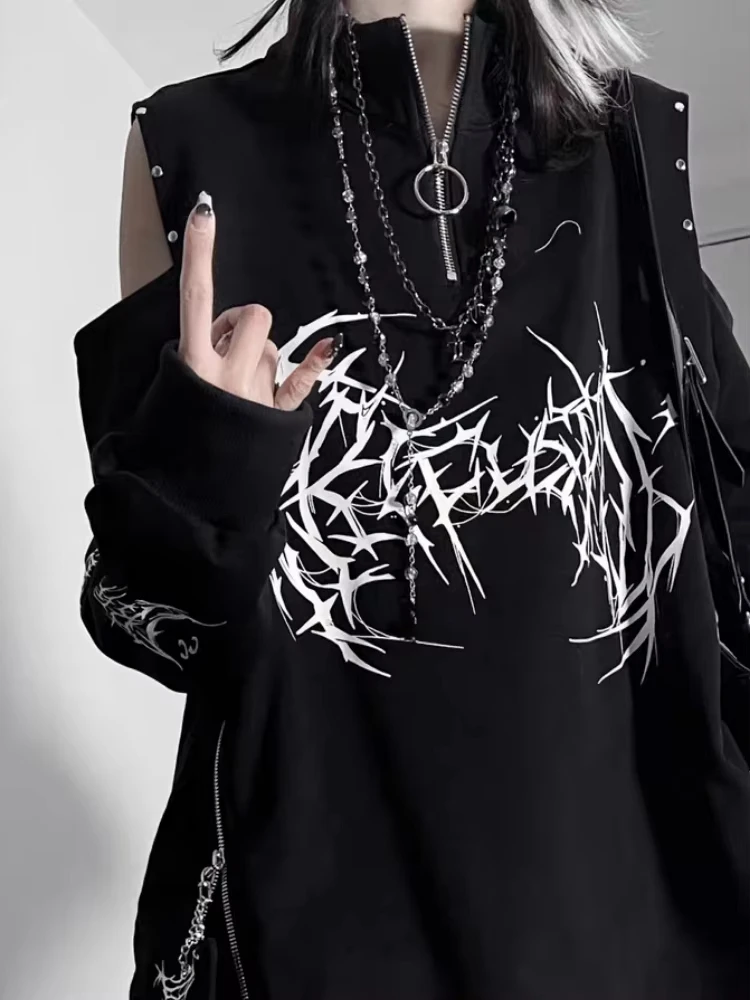 HOUZHOU Y2k Black Goth Graphic Women Sweatshirts Punk Harajuku Off Shoulder Japanese Style Pullovers Grunge Aesthetic Oversized