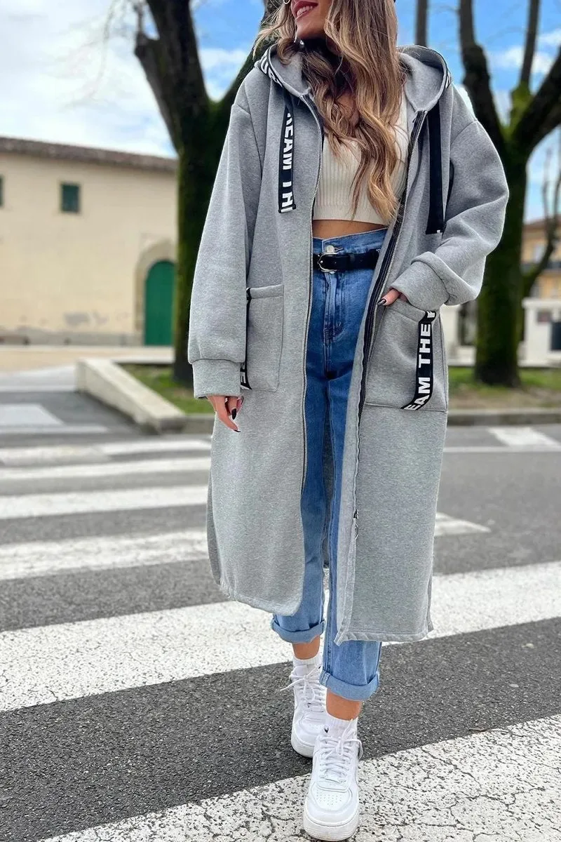 Casual Sweatshirt Coat Women Hooded Loose Long Coats Splice Casual Zipper Coats Lady Pocket Outwear Solid Jacket Autumn Winter
