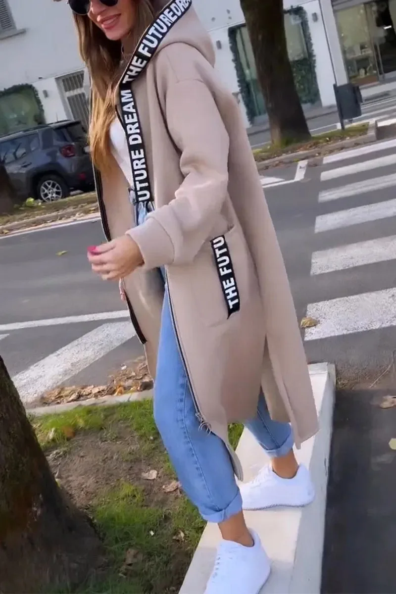 Casual Sweatshirt Coat Women Hooded Loose Long Coats Splice Casual Zipper Coats Lady Pocket Outwear Solid Jacket Autumn Winter