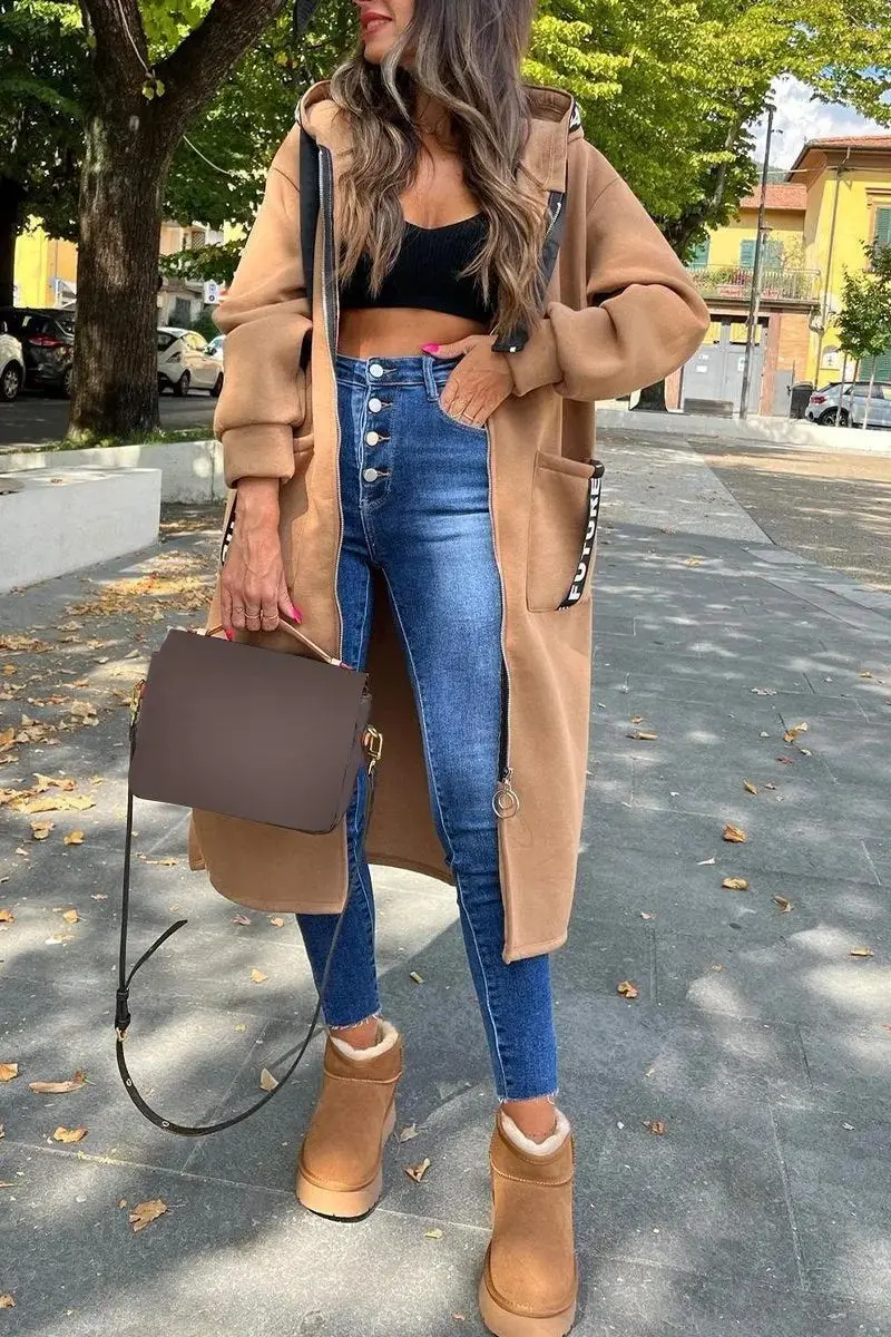 Casual Sweatshirt Coat Women Hooded Loose Long Coats Splice Casual Zipper Coats Lady Pocket Outwear Solid Jacket Autumn Winter