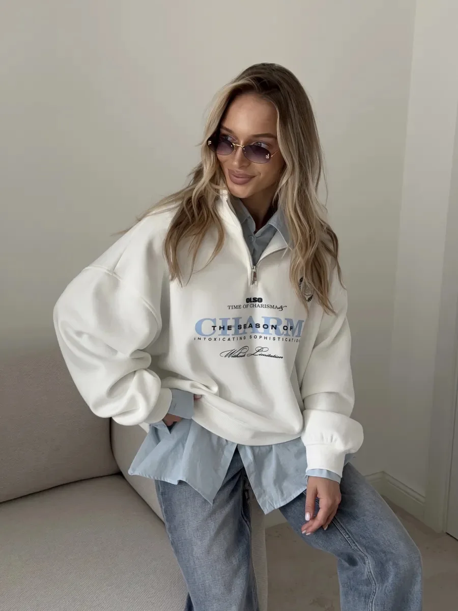 European Retro Badge Sweatshirts Zipper Turn-down Collar Pink Blouse Hoodies Fashion Sports Women Streetwear Autumn Large Size