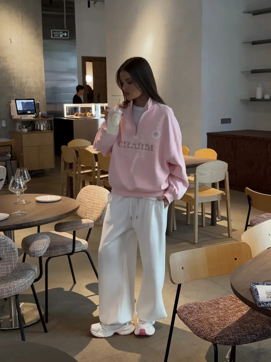 European Retro Badge Sweatshirts Zipper Turn-down Collar Pink Blouse Hoodies Fashion Sports Women Streetwear Autumn Large Size