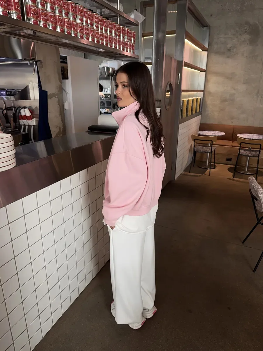 European Retro Badge Sweatshirts Zipper Turn-down Collar Pink Blouse Hoodies Fashion Sports Women Streetwear Autumn Large Size
