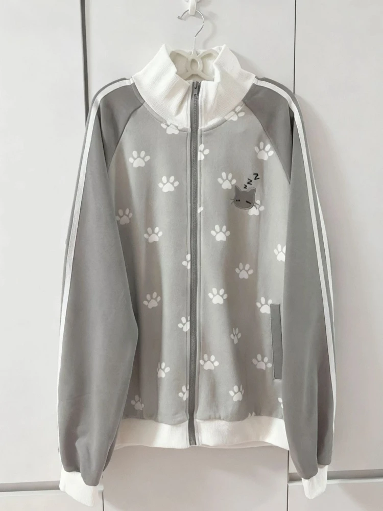 2025 Japanese Cat Embroidery Grunge Sweatshirts Women Y2k Aesthetic Patchwork Loose Hoody Casual Stand Neck Hoodie Preppy Style