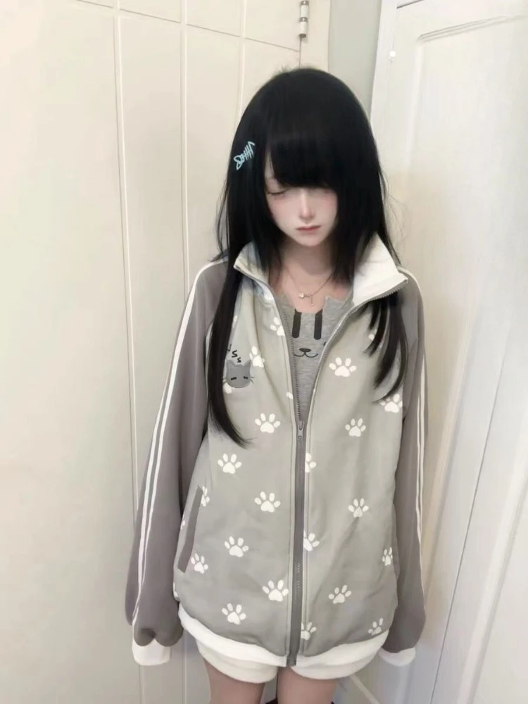 2025 Japanese Cat Embroidery Grunge Sweatshirts Women Y2k Aesthetic Patchwork Loose Hoody Casual Stand Neck Hoodie Preppy Style