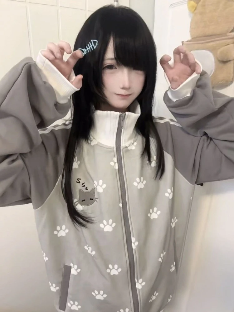 2025 Japanese Cat Embroidery Grunge Sweatshirts Women Y2k Aesthetic Patchwork Loose Hoody Casual Stand Neck Hoodie Preppy Style