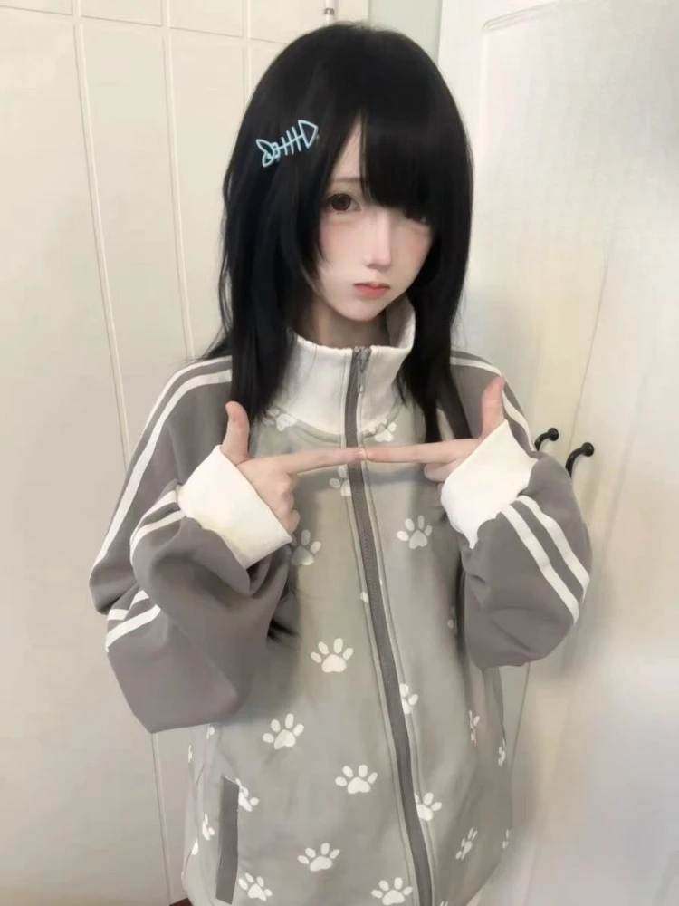 2025 Japanese Cat Embroidery Grunge Sweatshirts Women Y2k Aesthetic Patchwork Loose Hoody Casual Stand Neck Hoodie Preppy Style