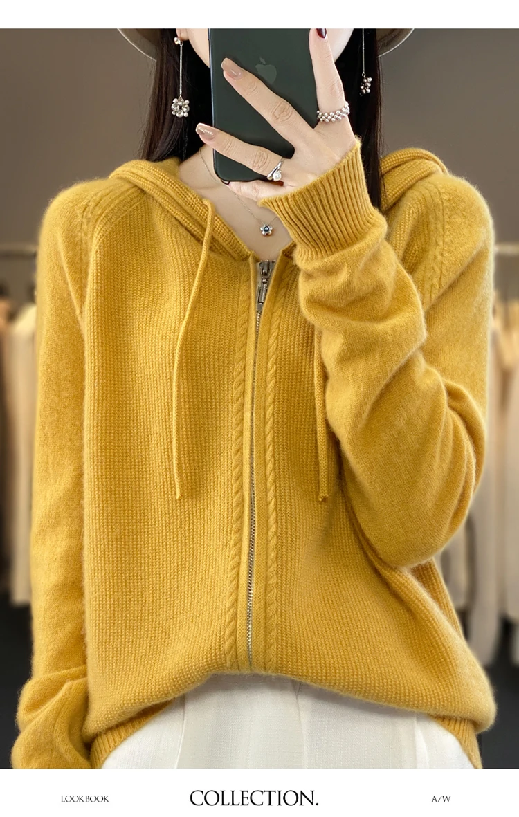 DjzDsm New Women’s 100% Merino Wool Cardigan Hooded Zipper Sweater Spring Autumn Winter Raglan Sleeve Cashmere Knitwear Tops