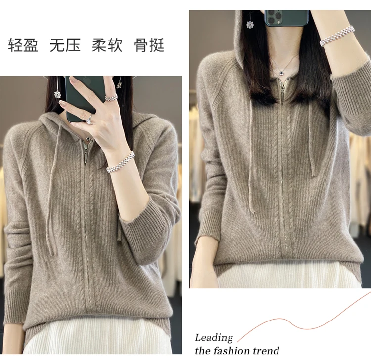 DjzDsm New Women’s 100% Merino Wool Cardigan Hooded Zipper Sweater Spring Autumn Winter Raglan Sleeve Cashmere Knitwear Tops