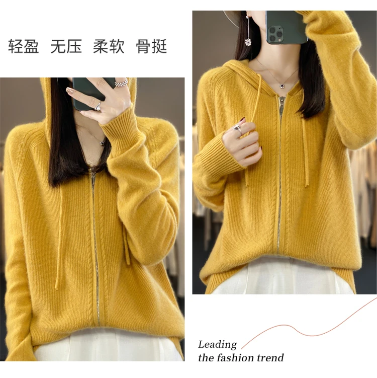 DjzDsm New Women’s 100% Merino Wool Cardigan Hooded Zipper Sweater Spring Autumn Winter Raglan Sleeve Cashmere Knitwear Tops