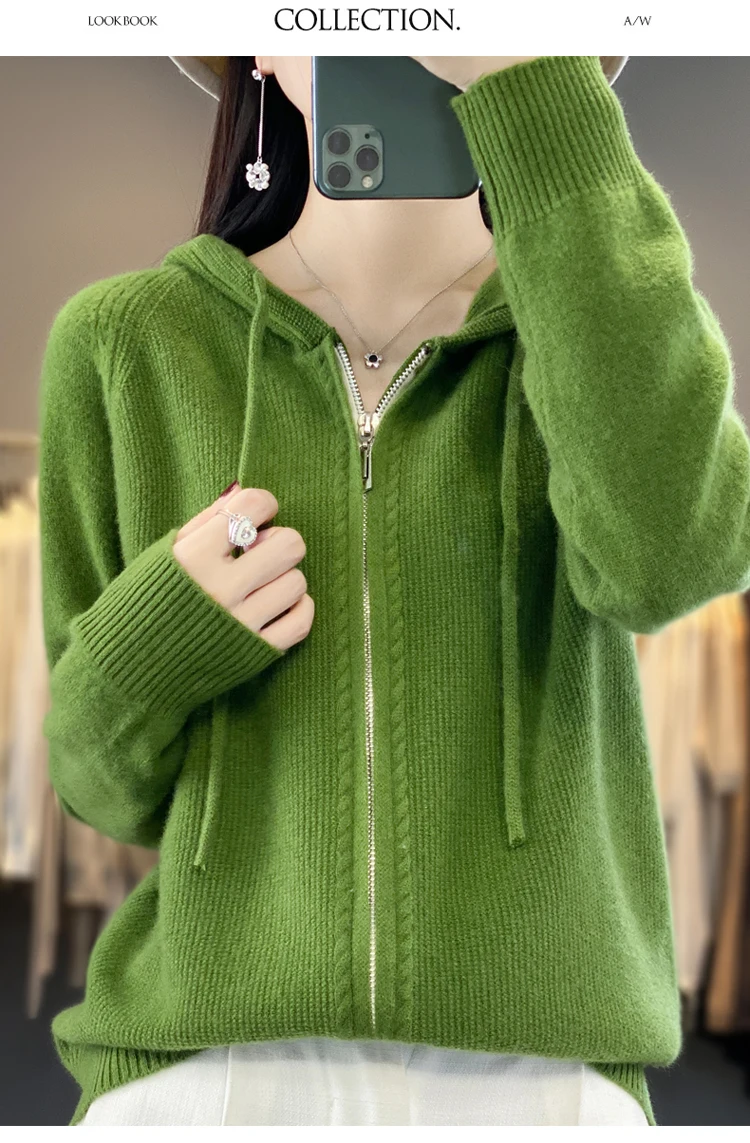 DjzDsm New Women’s 100% Merino Wool Cardigan Hooded Zipper Sweater Spring Autumn Winter Raglan Sleeve Cashmere Knitwear Tops
