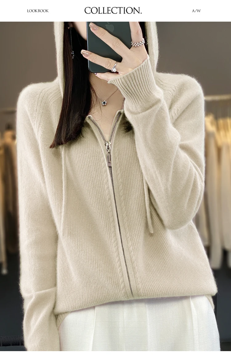 DjzDsm New Women’s 100% Merino Wool Cardigan Hooded Zipper Sweater Spring Autumn Winter Raglan Sleeve Cashmere Knitwear Tops
