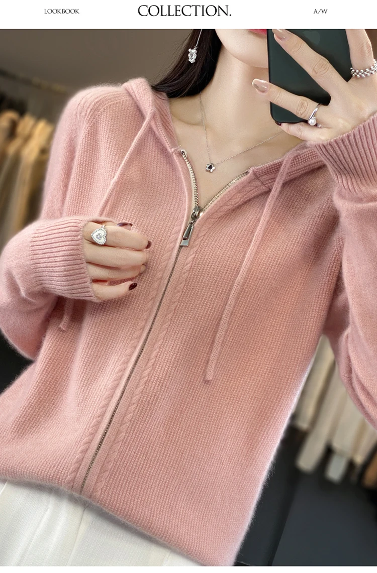 DjzDsm New Women’s 100% Merino Wool Cardigan Hooded Zipper Sweater Spring Autumn Winter Raglan Sleeve Cashmere Knitwear Tops