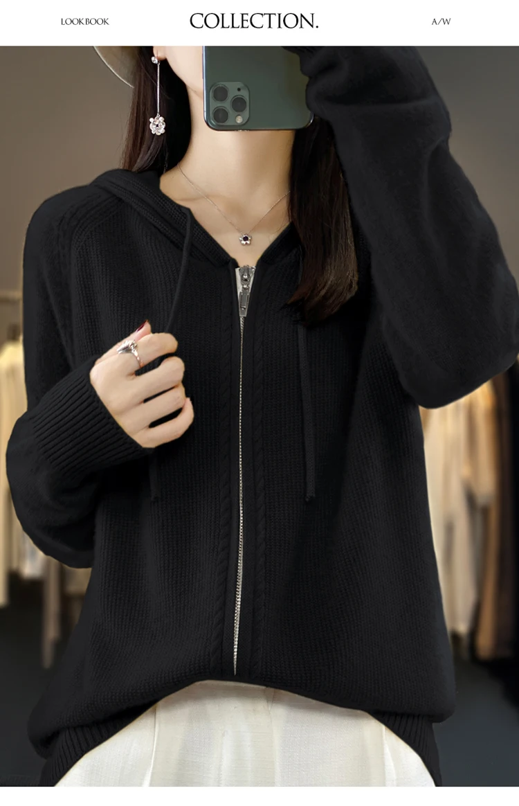 DjzDsm New Women’s 100% Merino Wool Cardigan Hooded Zipper Sweater Spring Autumn Winter Raglan Sleeve Cashmere Knitwear Tops