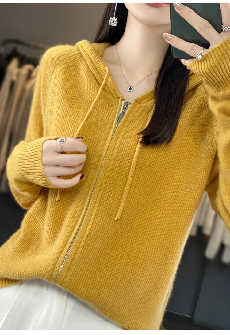 DjzDsm New Women’s 100% Merino Wool Cardigan Hooded Zipper Sweater Spring Autumn Winter Raglan Sleeve Cashmere Knitwear Tops