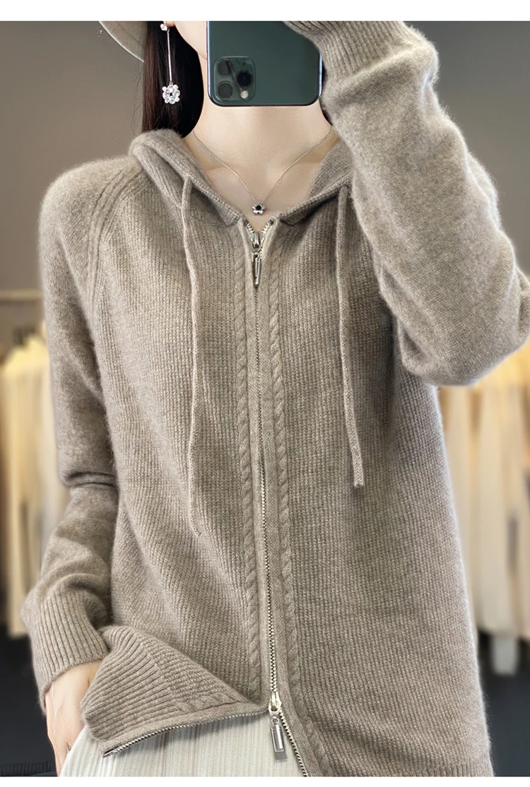 DjzDsm New Women’s 100% Merino Wool Cardigan Hooded Zipper Sweater Spring Autumn Winter Raglan Sleeve Cashmere Knitwear Tops
