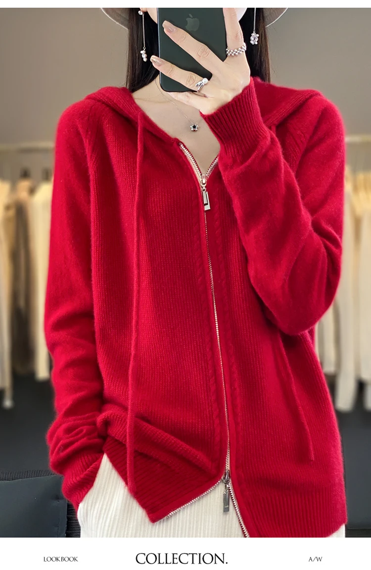 DjzDsm New Women’s 100% Merino Wool Cardigan Hooded Zipper Sweater Spring Autumn Winter Raglan Sleeve Cashmere Knitwear Tops