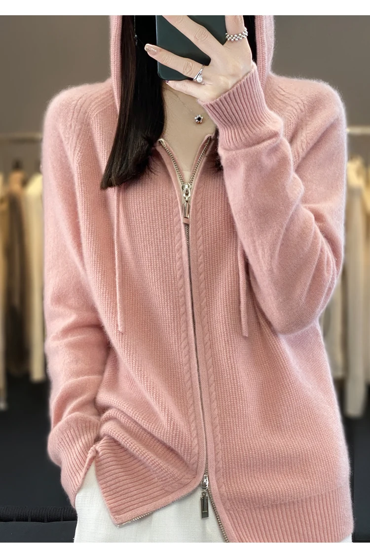 DjzDsm New Women’s 100% Merino Wool Cardigan Hooded Zipper Sweater Spring Autumn Winter Raglan Sleeve Cashmere Knitwear Tops