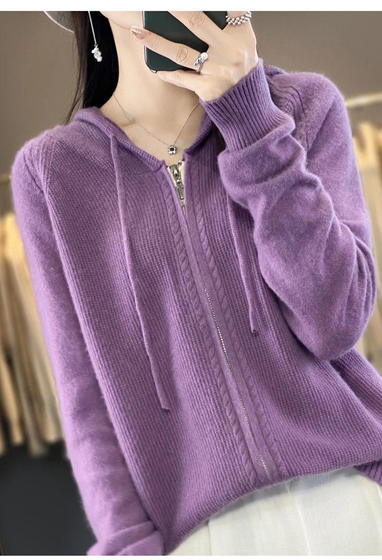 DjzDsm New Women’s 100% Merino Wool Cardigan Hooded Zipper Sweater Spring Autumn Winter Raglan Sleeve Cashmere Knitwear Tops