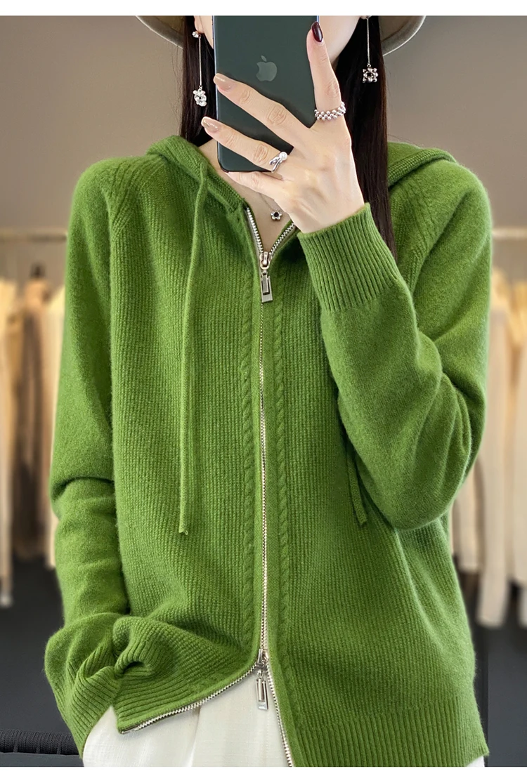 DjzDsm New Women’s 100% Merino Wool Cardigan Hooded Zipper Sweater Spring Autumn Winter Raglan Sleeve Cashmere Knitwear Tops