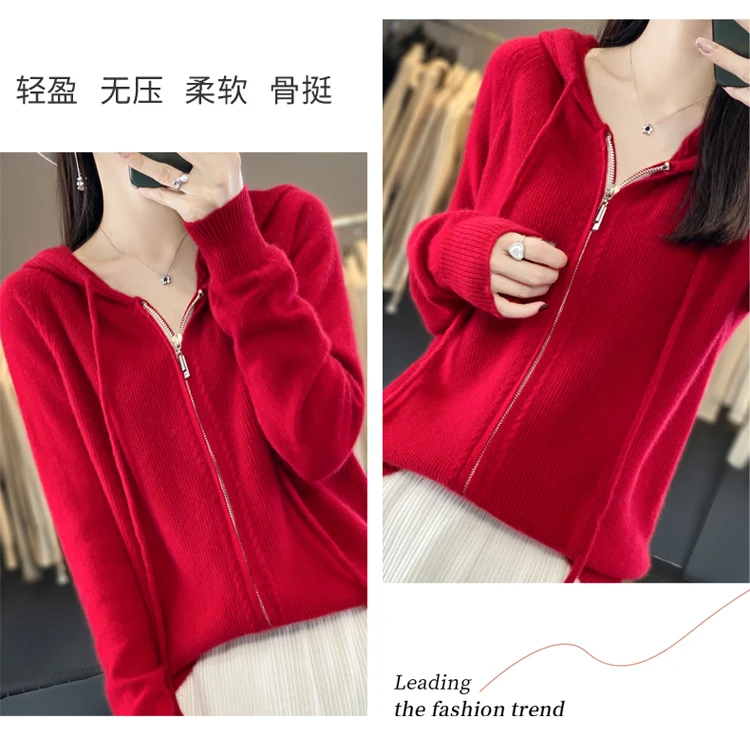DjzDsm New Women’s 100% Merino Wool Cardigan Hooded Zipper Sweater Spring Autumn Winter Raglan Sleeve Cashmere Knitwear Tops