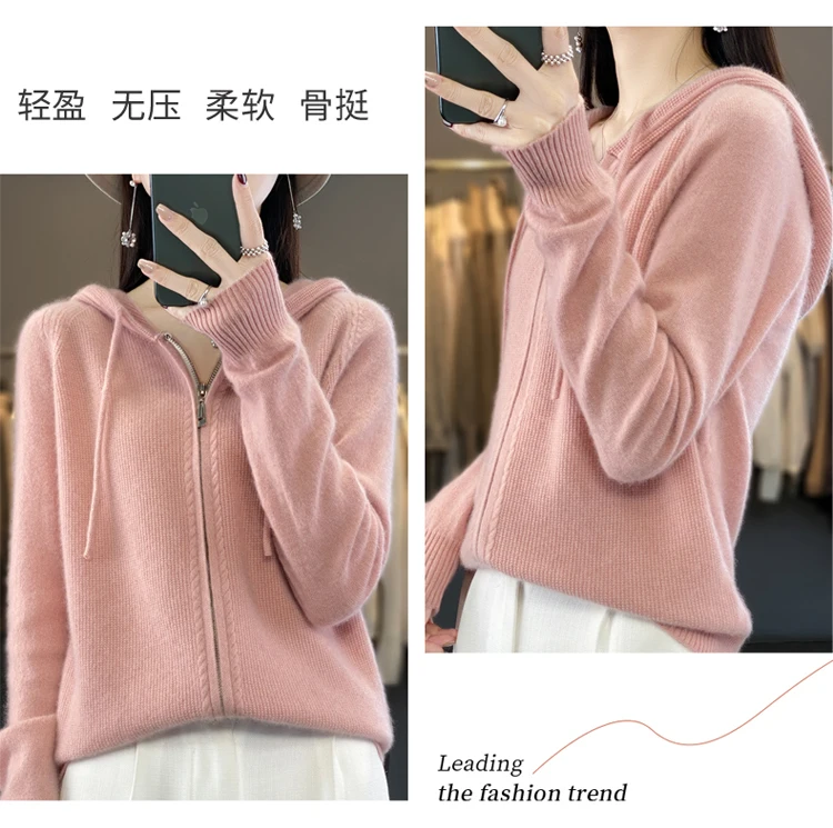 DjzDsm New Women’s 100% Merino Wool Cardigan Hooded Zipper Sweater Spring Autumn Winter Raglan Sleeve Cashmere Knitwear Tops