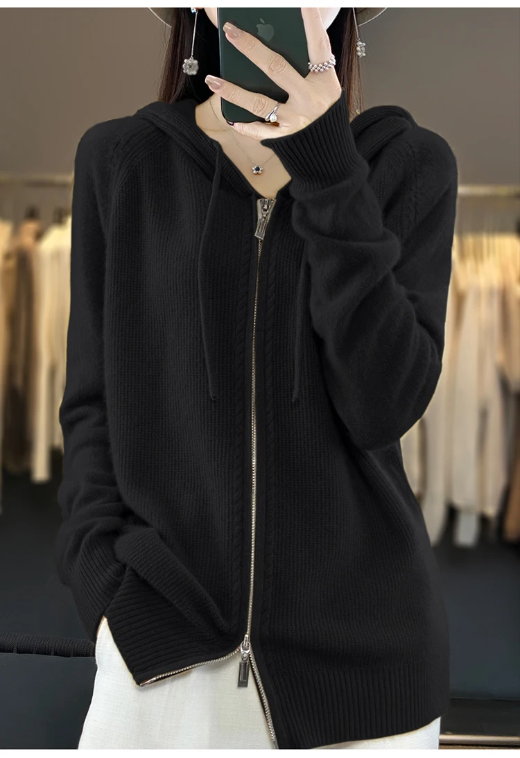 DjzDsm New Women’s 100% Merino Wool Cardigan Hooded Zipper Sweater Spring Autumn Winter Raglan Sleeve Cashmere Knitwear Tops