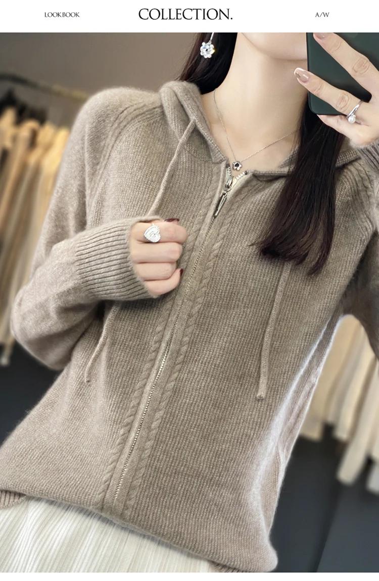 DjzDsm New Women’s 100% Merino Wool Cardigan Hooded Zipper Sweater Spring Autumn Winter Raglan Sleeve Cashmere Knitwear Tops