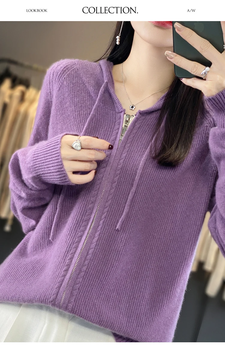 DjzDsm New Women’s 100% Merino Wool Cardigan Hooded Zipper Sweater Spring Autumn Winter Raglan Sleeve Cashmere Knitwear Tops