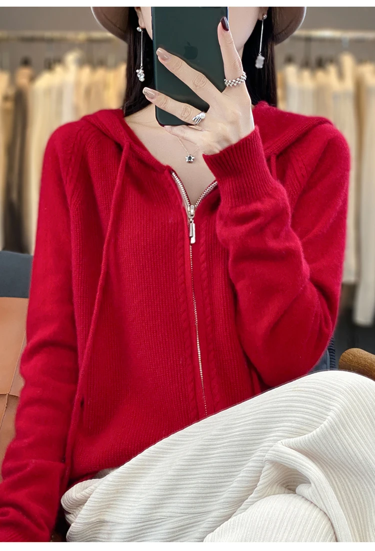 DjzDsm New Women’s 100% Merino Wool Cardigan Hooded Zipper Sweater Spring Autumn Winter Raglan Sleeve Cashmere Knitwear Tops