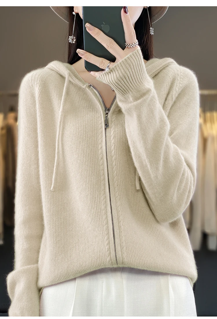 DjzDsm New Women’s 100% Merino Wool Cardigan Hooded Zipper Sweater Spring Autumn Winter Raglan Sleeve Cashmere Knitwear Tops